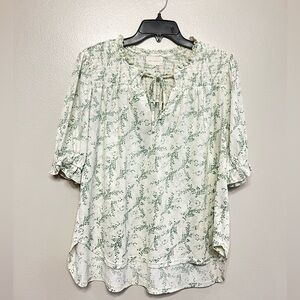 MELLODAY Green and White Leaf Floral Blouse Ruffle Smocked Size‎ Large